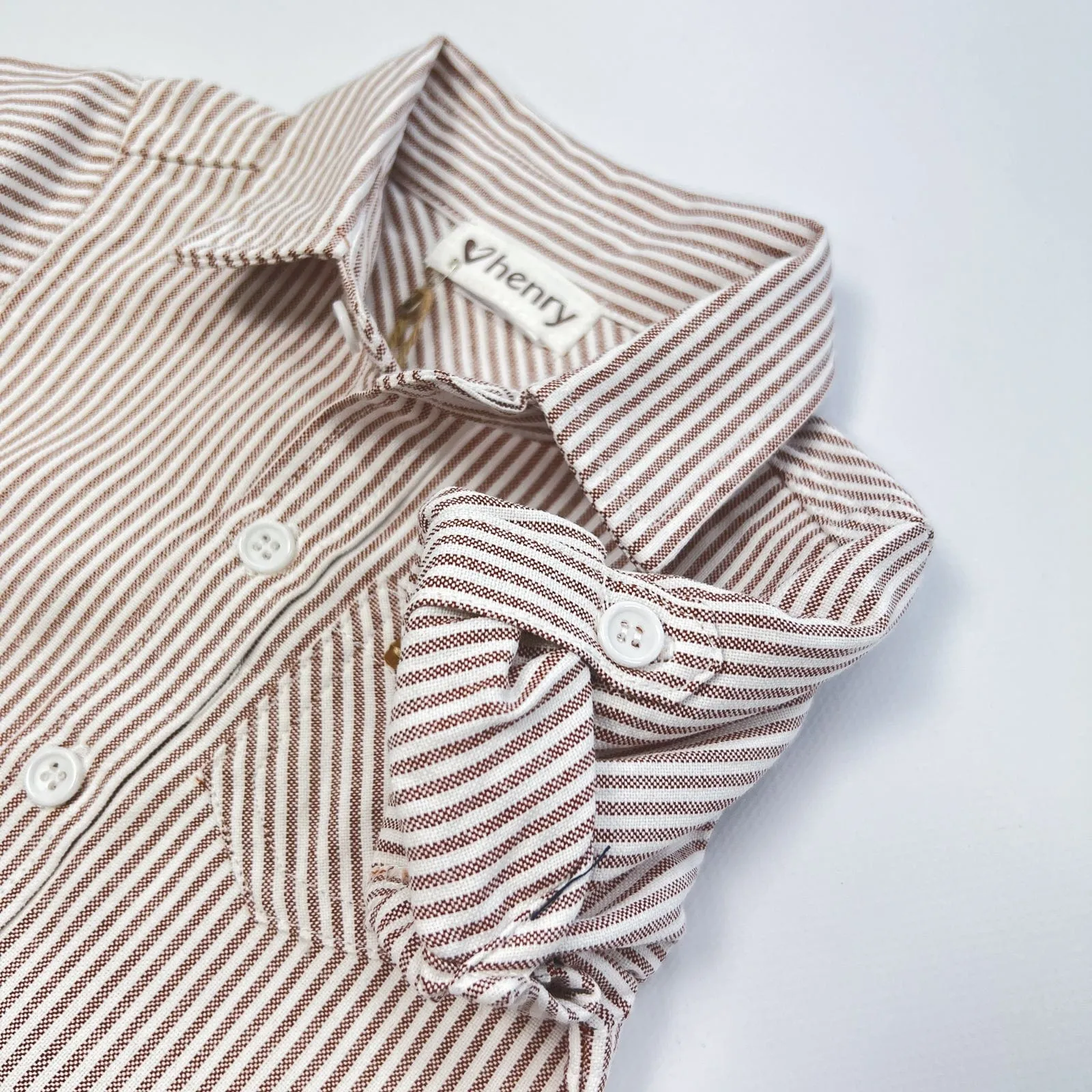 Baby Boys Dress Shirt Romper | Beige Pinstripe