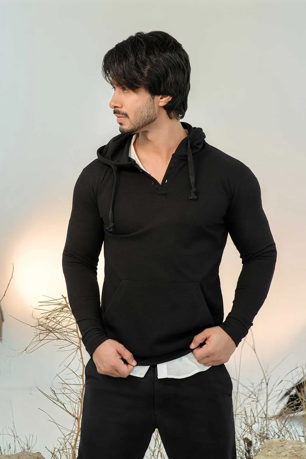 Black Button-down Pullover Henley Hoodie