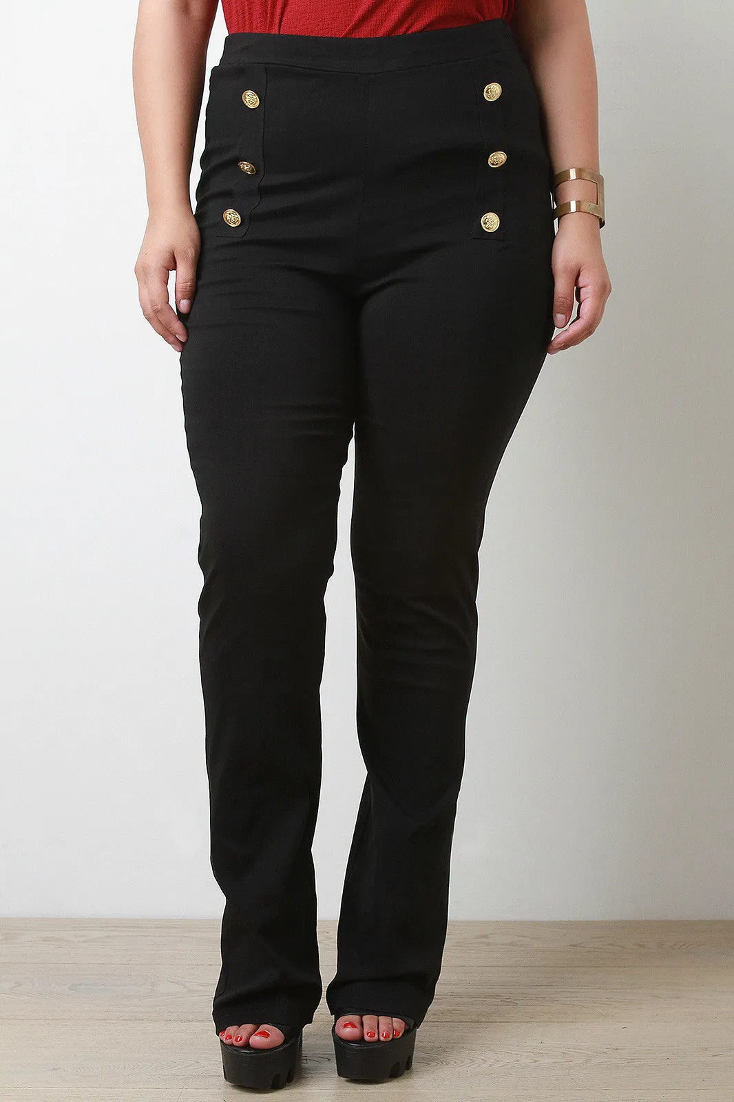 Button Accent High Waisted Pants