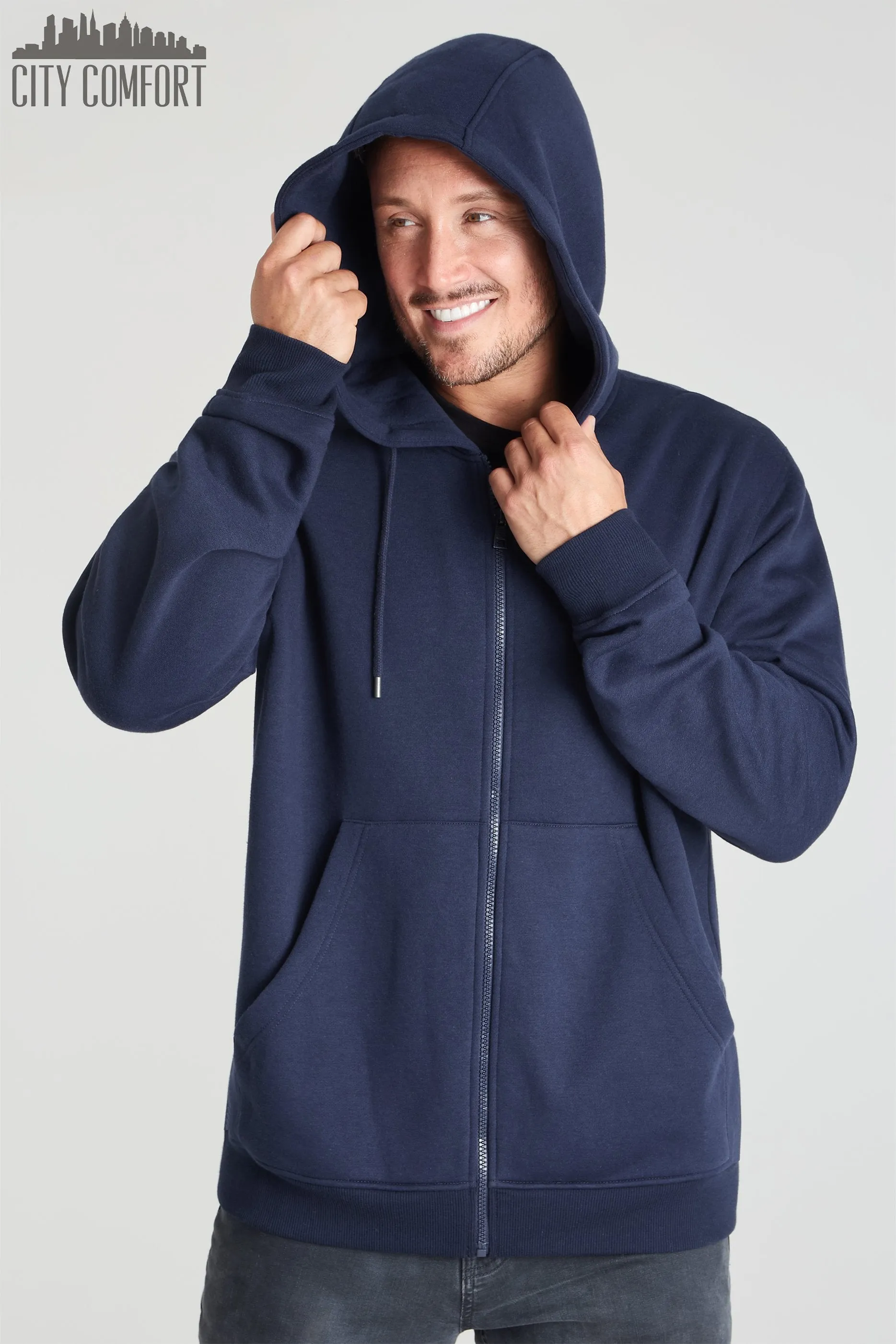 CityComfort Mens Plain Zip Up Hoodie, NAVY Hooded Sweatshirt Zipped Jumper