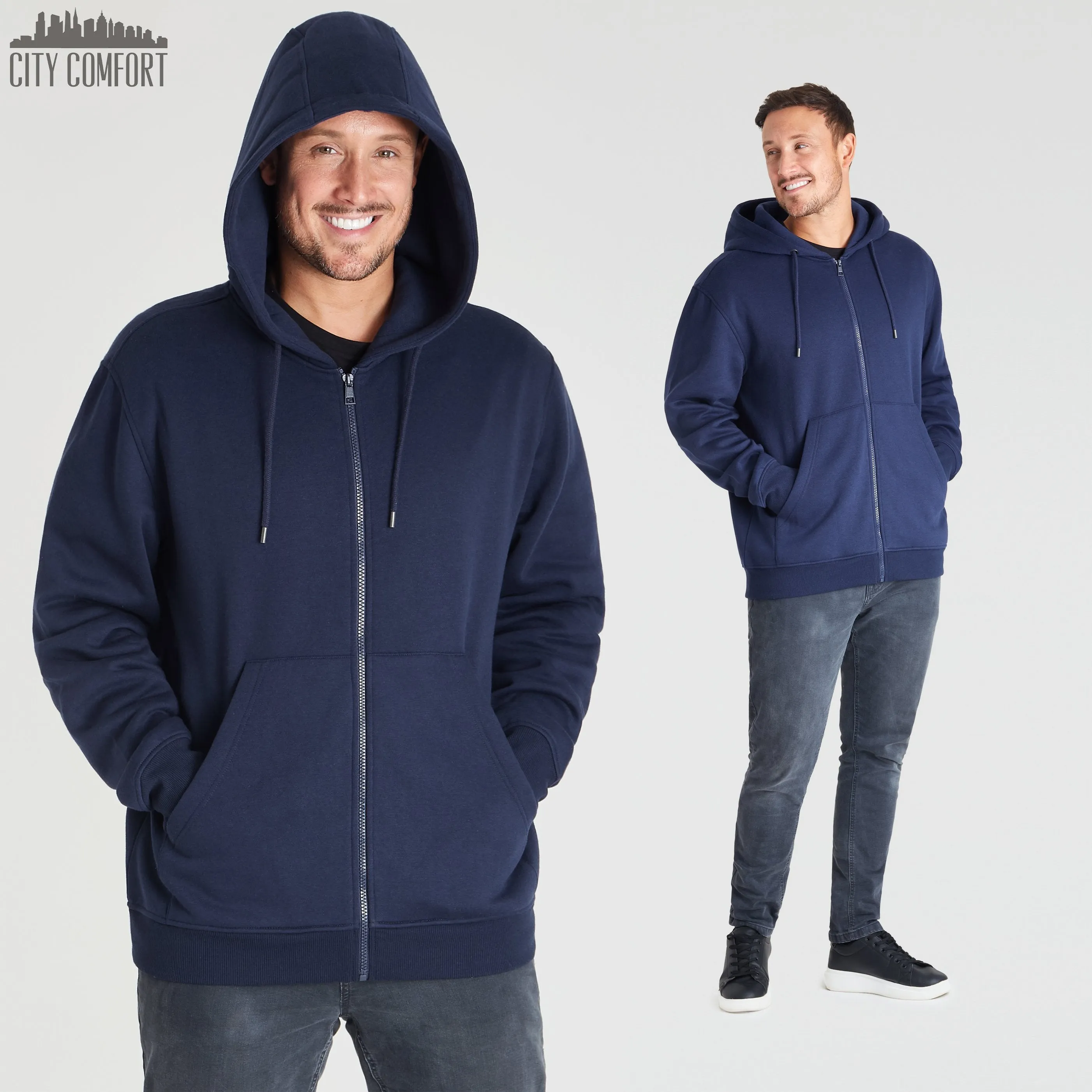 CityComfort Mens Plain Zip Up Hoodie, NAVY Hooded Sweatshirt Zipped Jumper