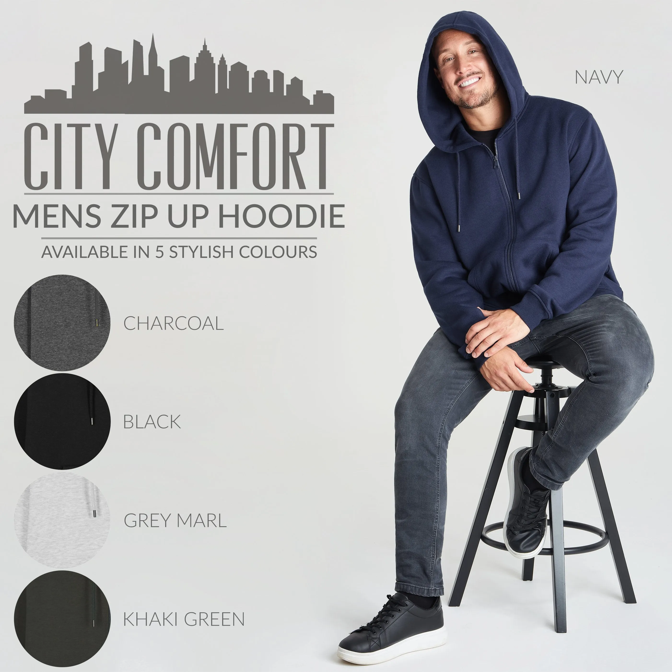 CityComfort Mens Plain Zip Up Hoodie, NAVY Hooded Sweatshirt Zipped Jumper