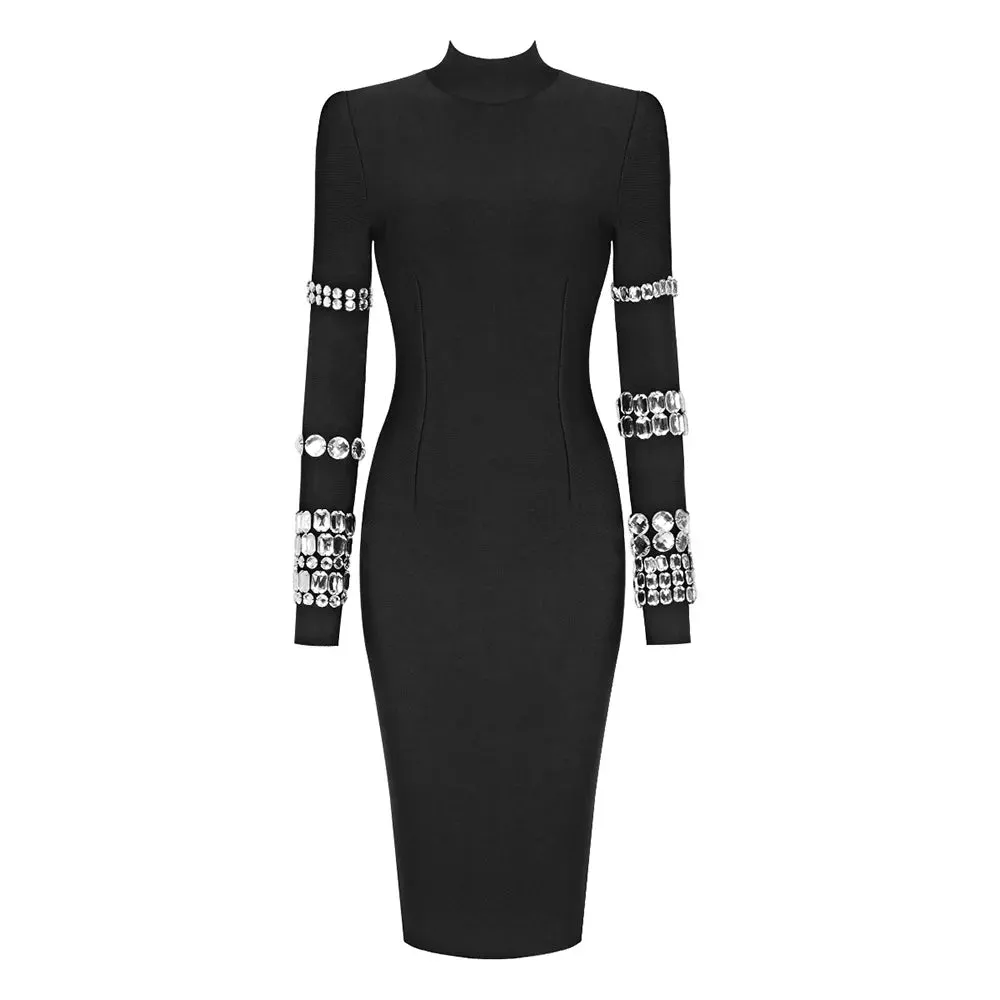 DressBetty - 2024 Luxurious Long Sleeve Diamond Black Evening Bodycon Dress