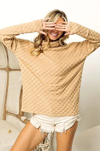 Explore More Collection - BiBi Checkered Round Neck Thumbhole Long Sleeve Top