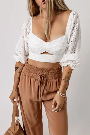 Eyelet Sweetheart Neck Cutout Crop Top