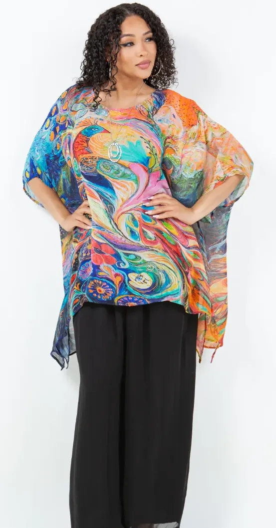 Fantasy Peacock Oversize Tunic Top Lagenlook Boho Hippie Chic SML-6X 