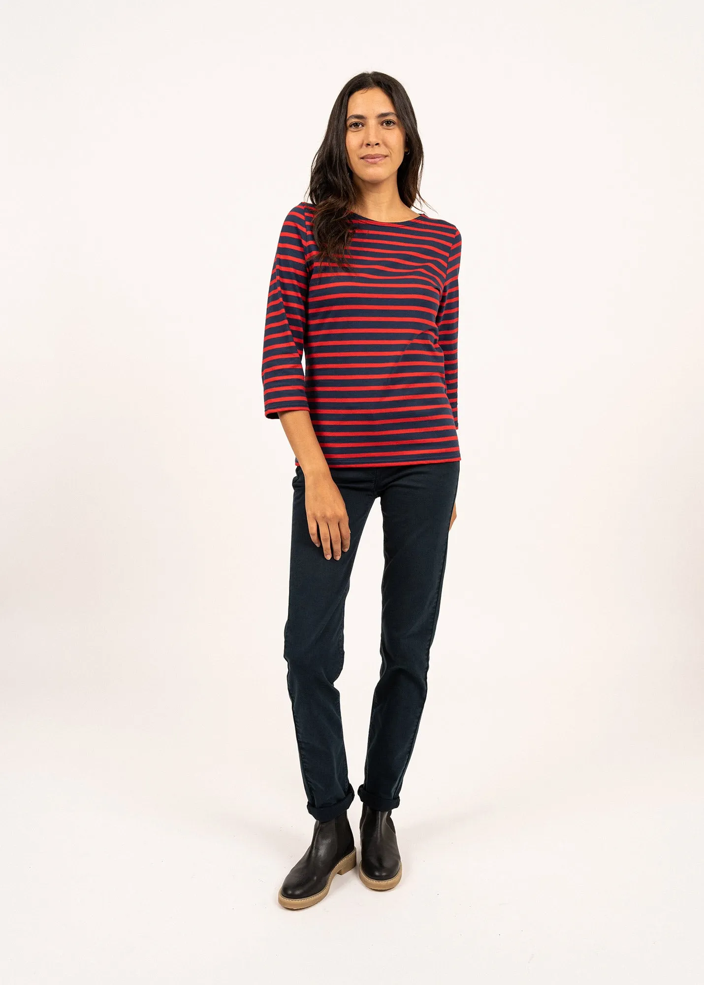 GALATHEE II - Breton Striped Top with ¾ Sleeve | Soft Cotton | Women Fit (NAVY / RED)