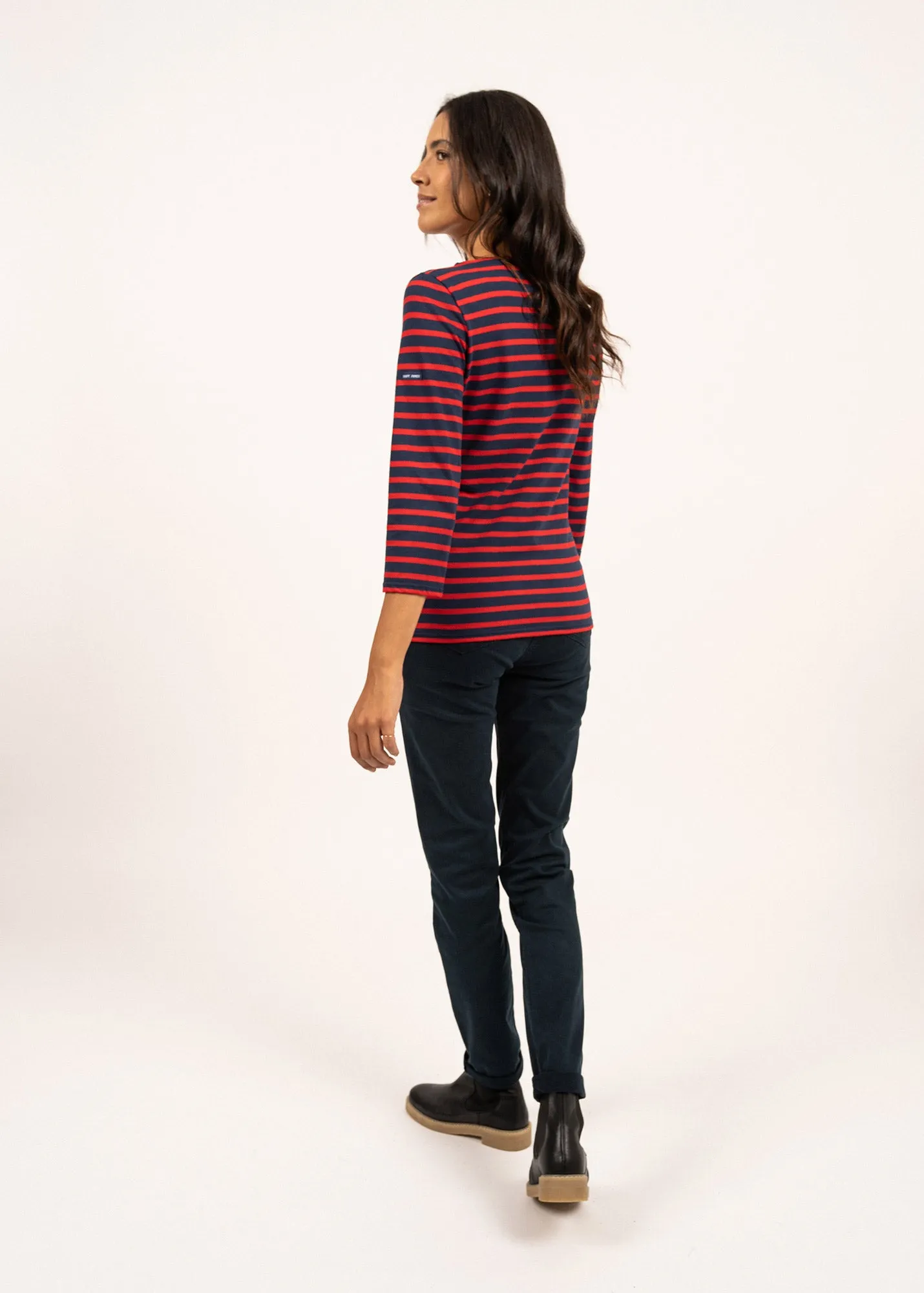 GALATHEE II - Breton Striped Top with ¾ Sleeve | Soft Cotton | Women Fit (NAVY / RED)