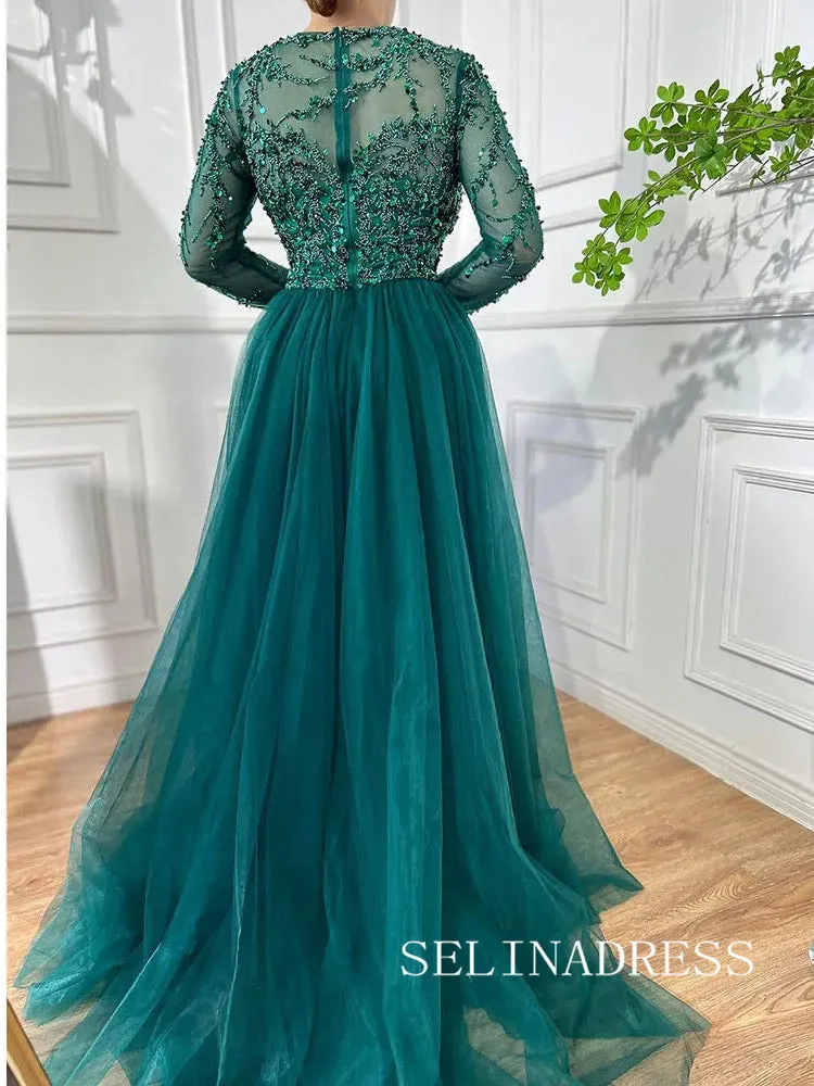 Luxurious Green Arabic Long Sleeves Beaded Long Formal Evening Dress With Skirt ALI0013