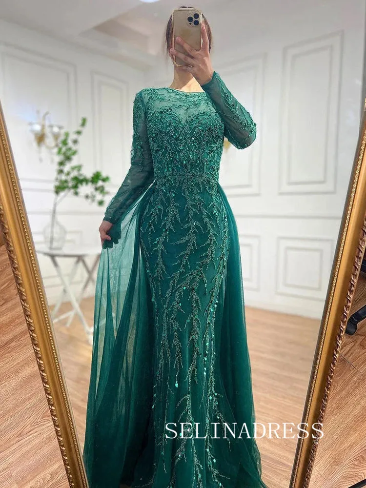 Luxurious Green Arabic Long Sleeves Beaded Long Formal Evening Dress With Skirt ALI0013