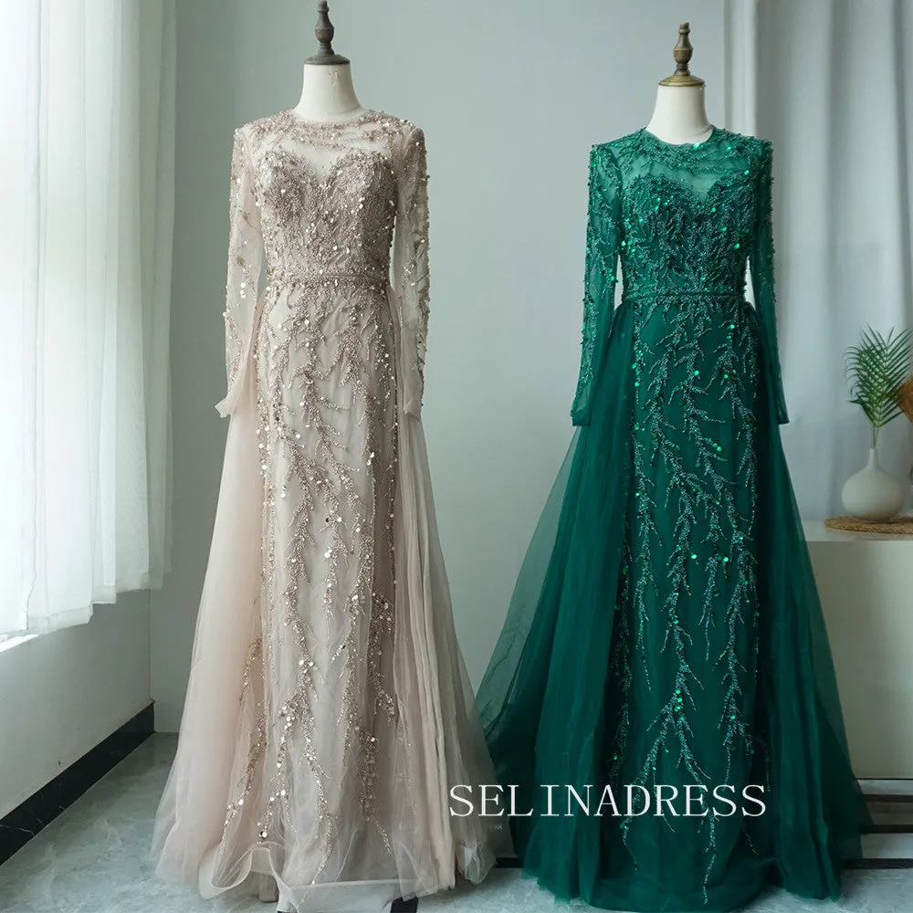 Luxurious Green Arabic Long Sleeves Beaded Long Formal Evening Dress With Skirt ALI0013