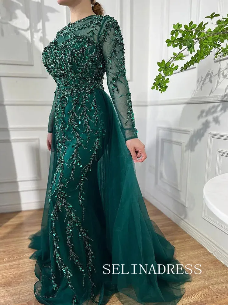 Luxurious Green Arabic Long Sleeves Beaded Long Formal Evening Dress With Skirt ALI0013