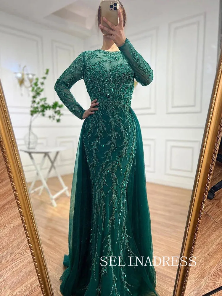 Luxurious Green Arabic Long Sleeves Beaded Long Formal Evening Dress With Skirt ALI0013