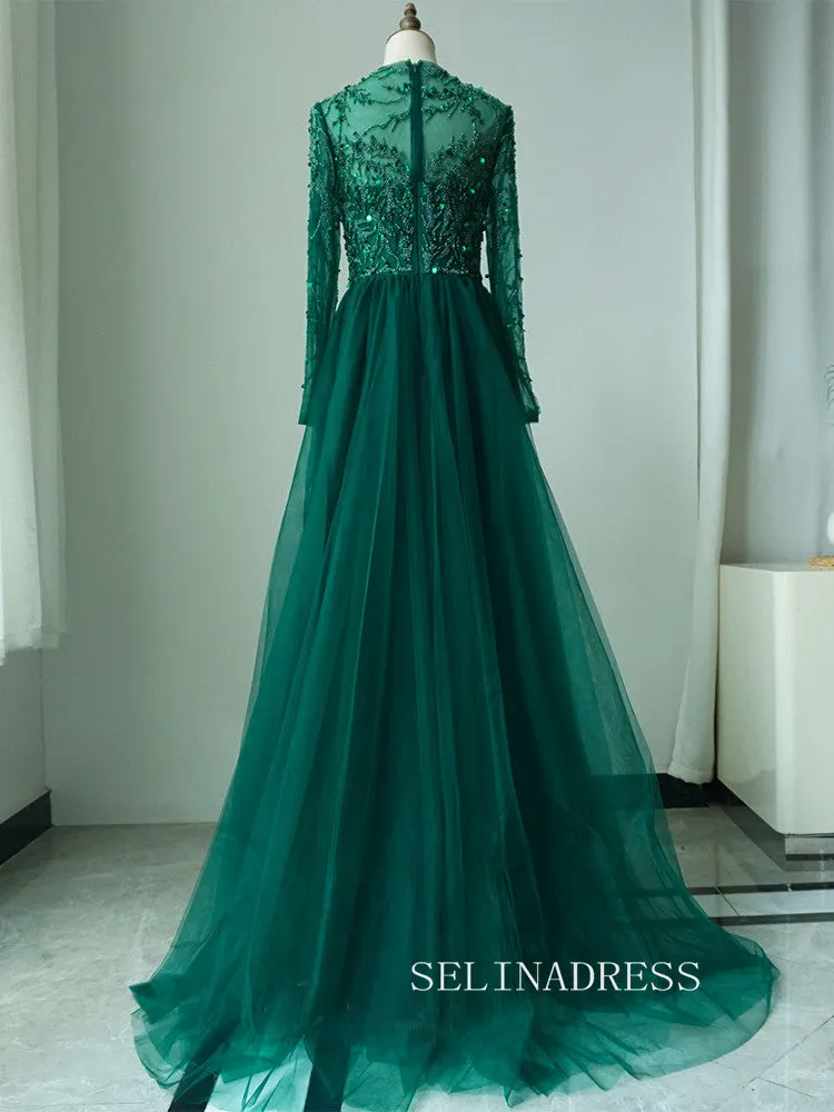 Luxurious Green Arabic Long Sleeves Beaded Long Formal Evening Dress With Skirt ALI0013