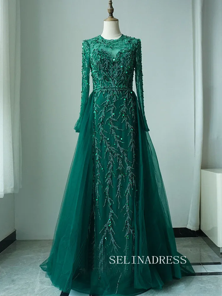 Luxurious Green Arabic Long Sleeves Beaded Long Formal Evening Dress With Skirt ALI0013