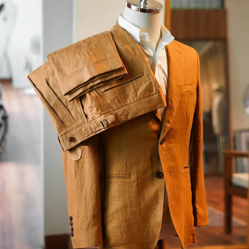 Men's Linen Suit Pants - Brown White - Smart Casual