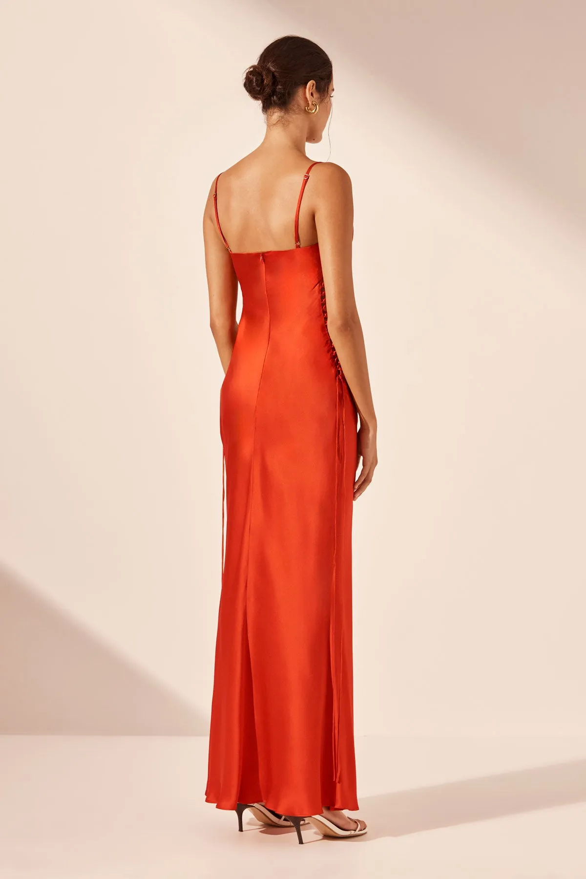 MILENNA SILK COWL NECK LACE UP MAXI DRESS - CHILLI RED