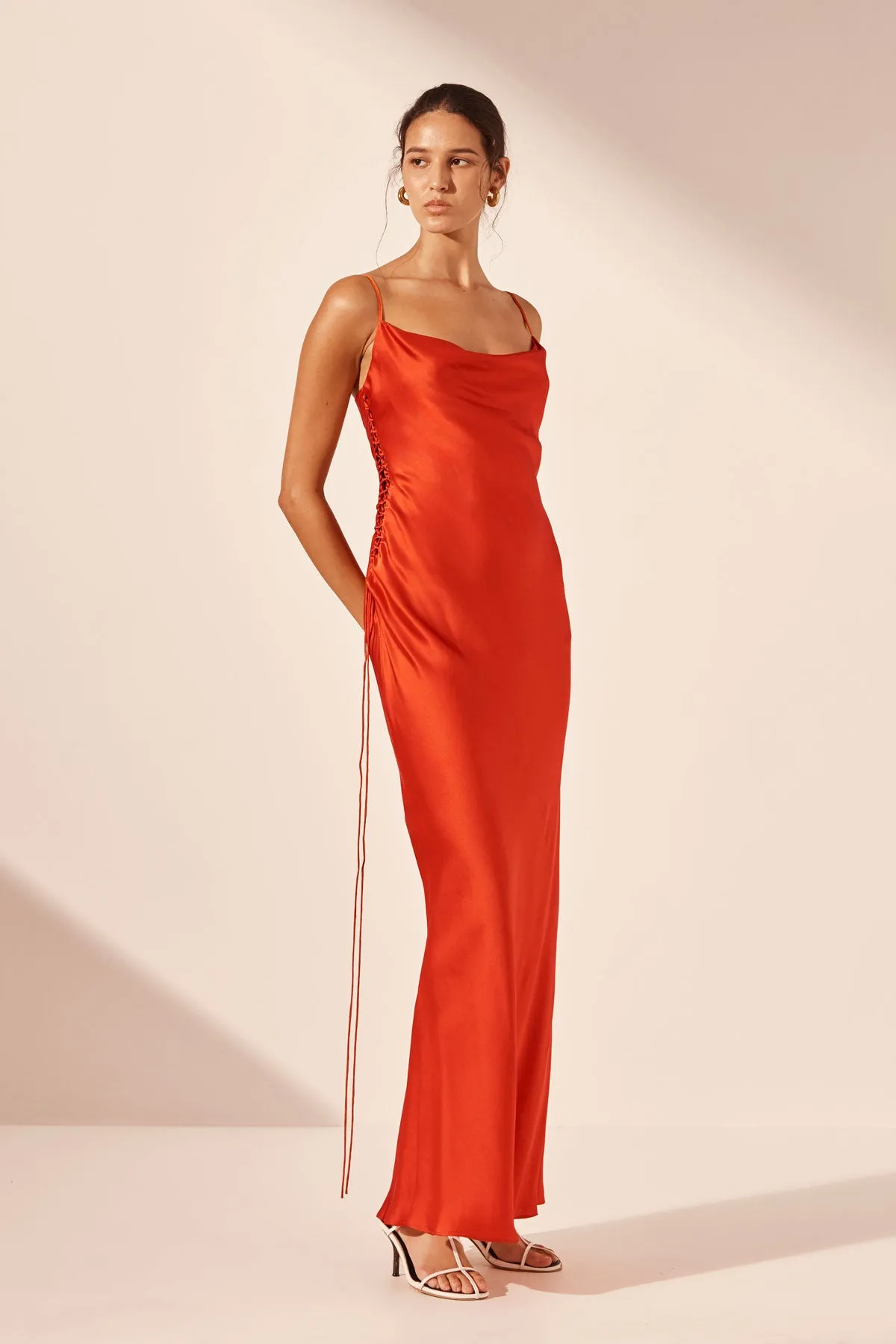 MILENNA SILK COWL NECK LACE UP MAXI DRESS - CHILLI RED