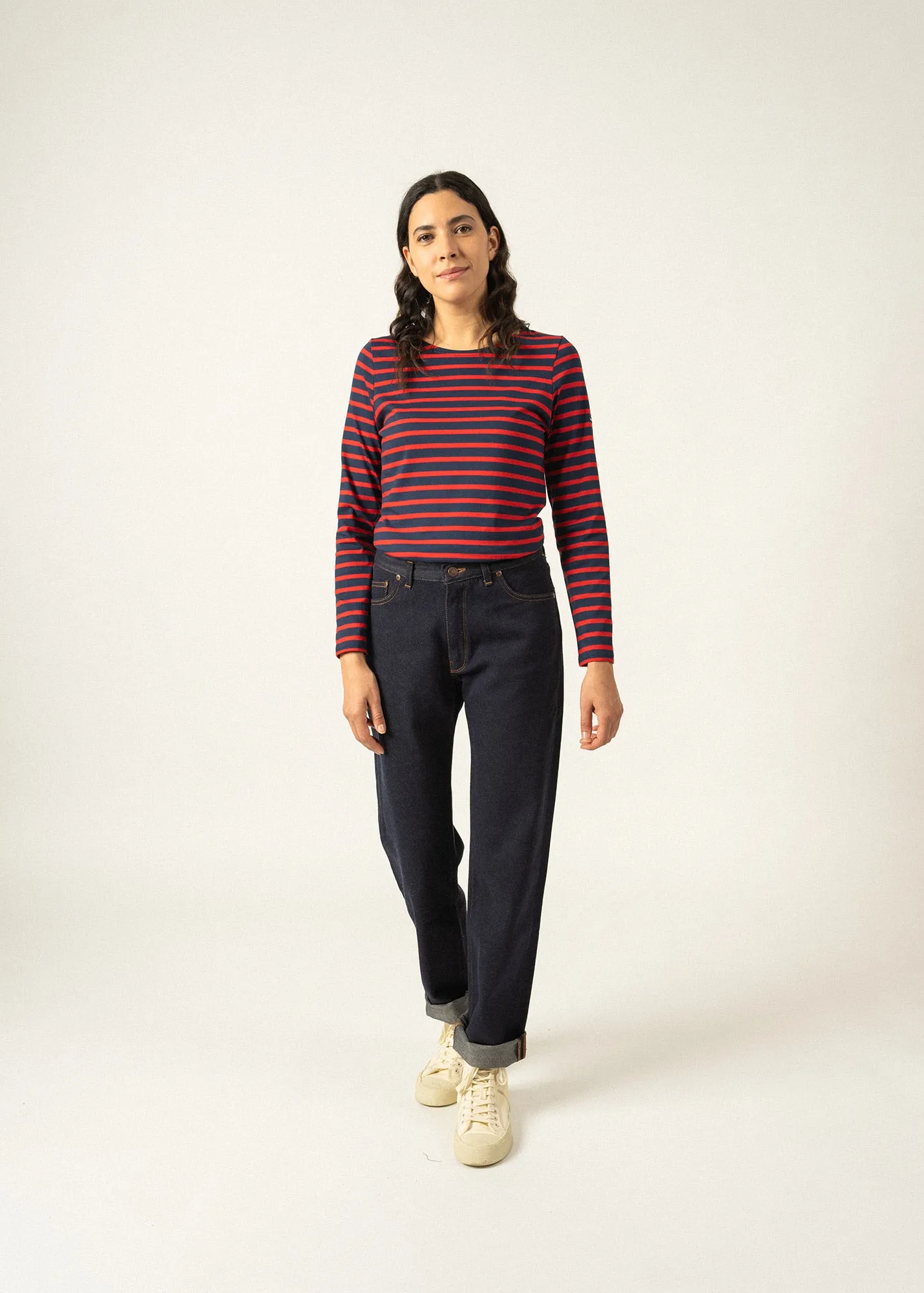 MINQUIDAME - Breton Striped Shirt with Long Sleeve | Soft Cotton | Women Fit (NAVY / RED)