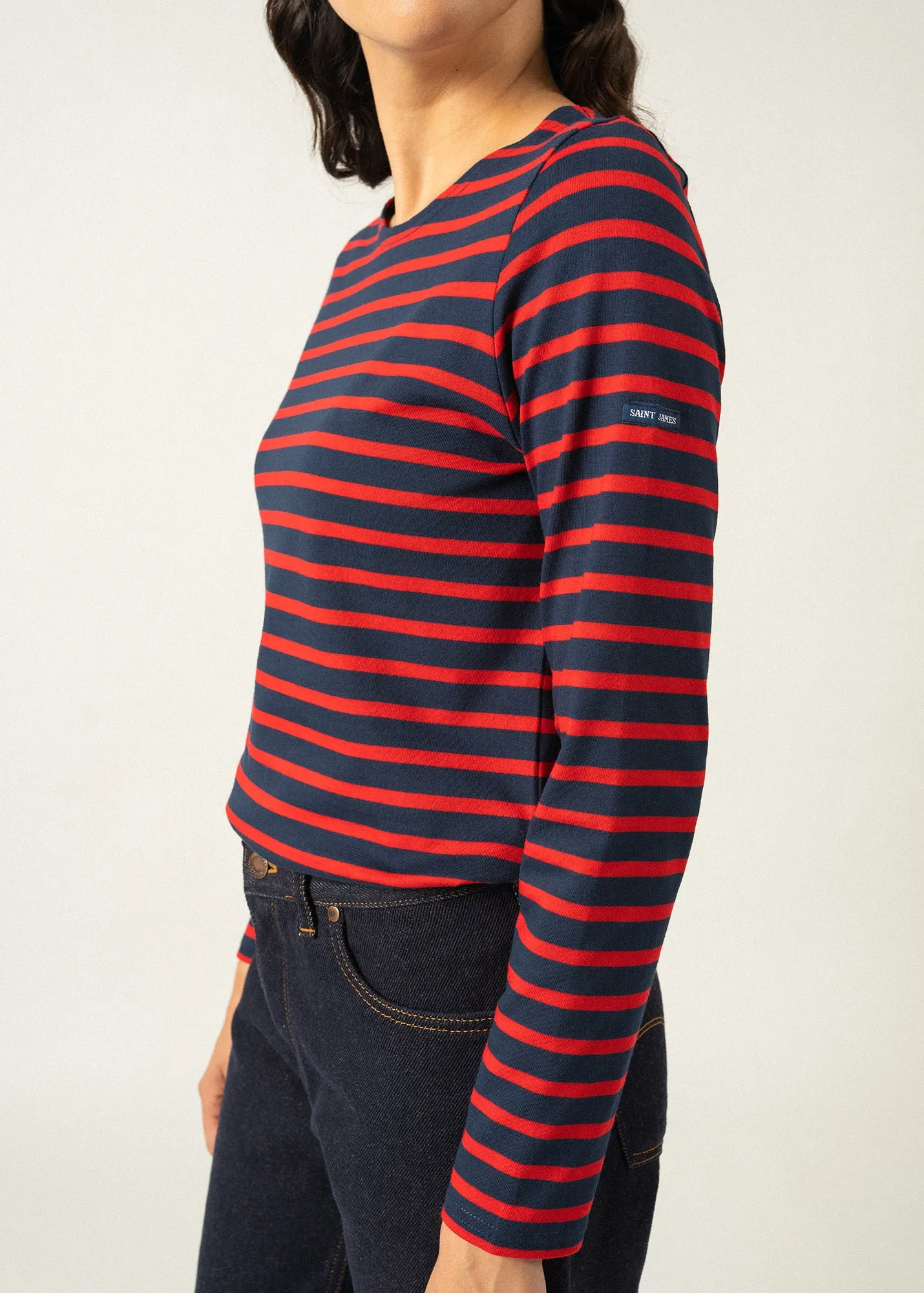 MINQUIDAME - Breton Striped Shirt with Long Sleeve | Soft Cotton | Women Fit (NAVY / RED)