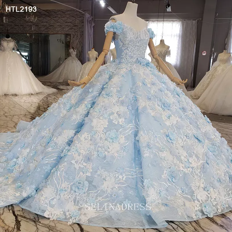 Off Shoulder Blue Lace Princess Luxurious Dubai Gown Elegant Evening Dress HTL2193 Selinadress