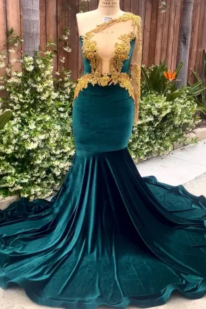 One shoulder Velvet Mermaid Prom Dress with Gold Appliques