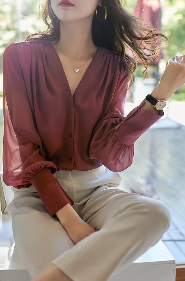 Transparent Chiffon Blouse for Women - Loose Fit V-Neck Summer Top